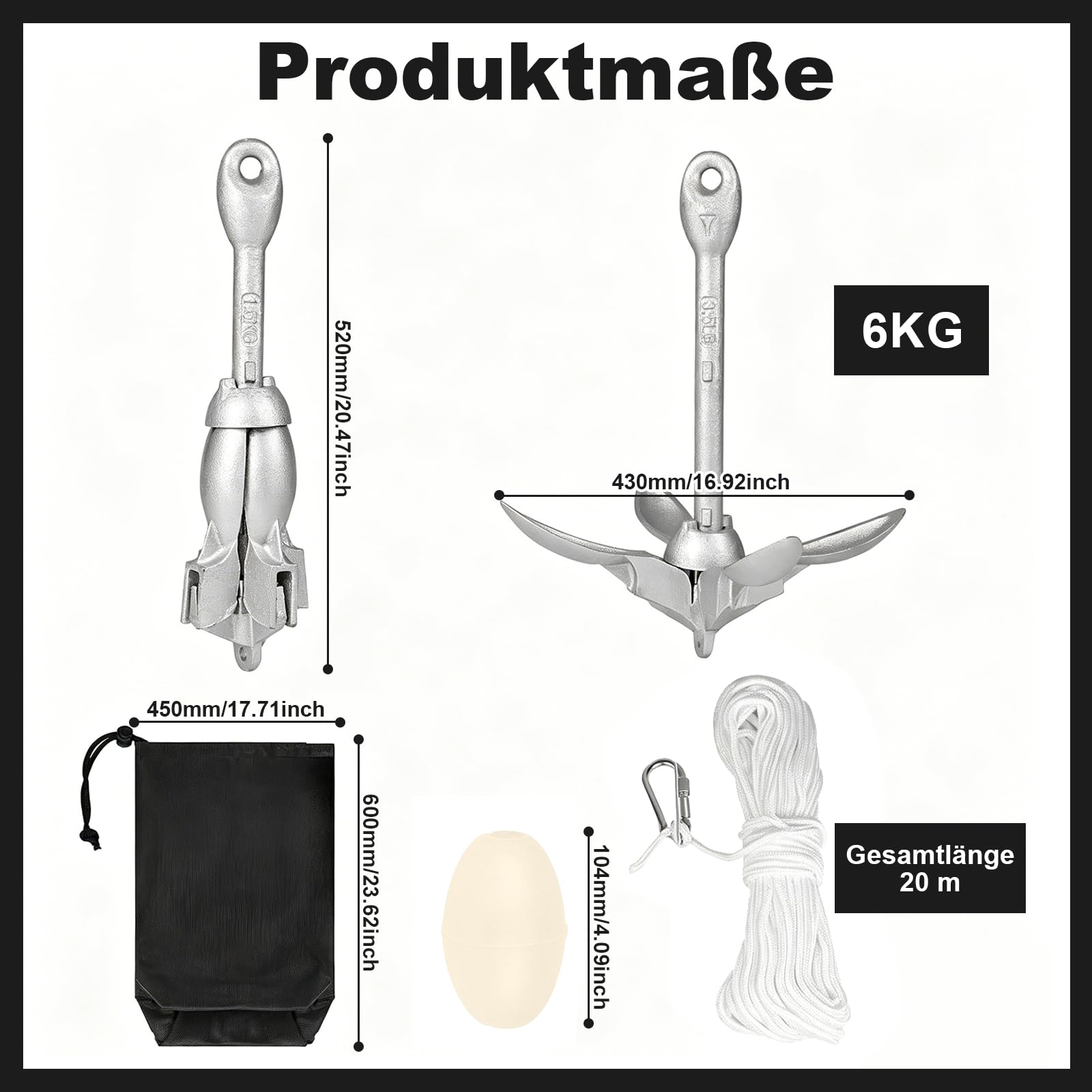 Anker Boot 6KG Faltanker mit 20 m Ankerleine und Tasche, Bootsanker | für Kajak, Schlauchboot, SUP-Board, Kanu und Motorboot, Boots Zubehör für Wassersport, Outdoor und Angeln