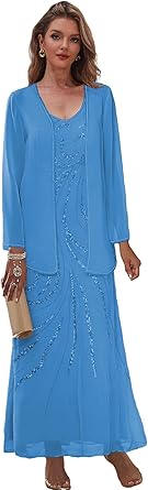 Sequin Mother of The Bride Dresses for Women 2 Pieces Evening Gown with Jacket Chiffon Formal Party Dress