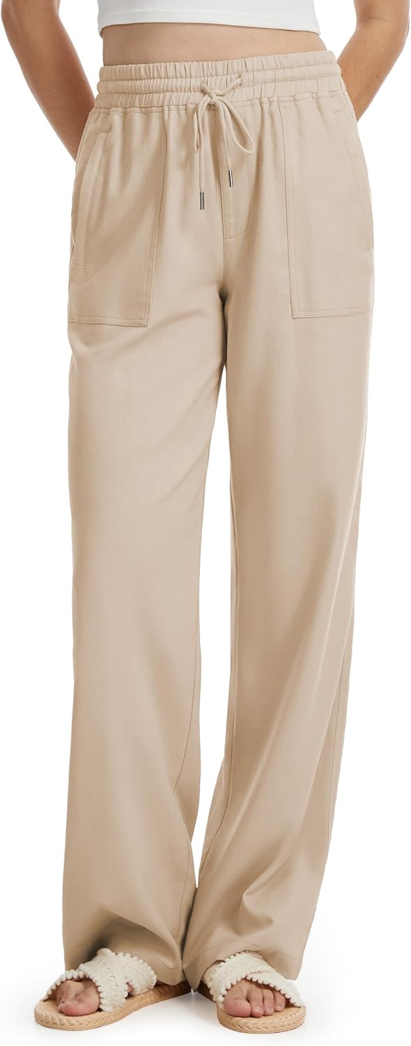 Tall Women 32/34/36 Inseam Linen Pants Wide Leg Casual Palazzo Trousers Summer Beach Lounge Bottoms with Pockets
