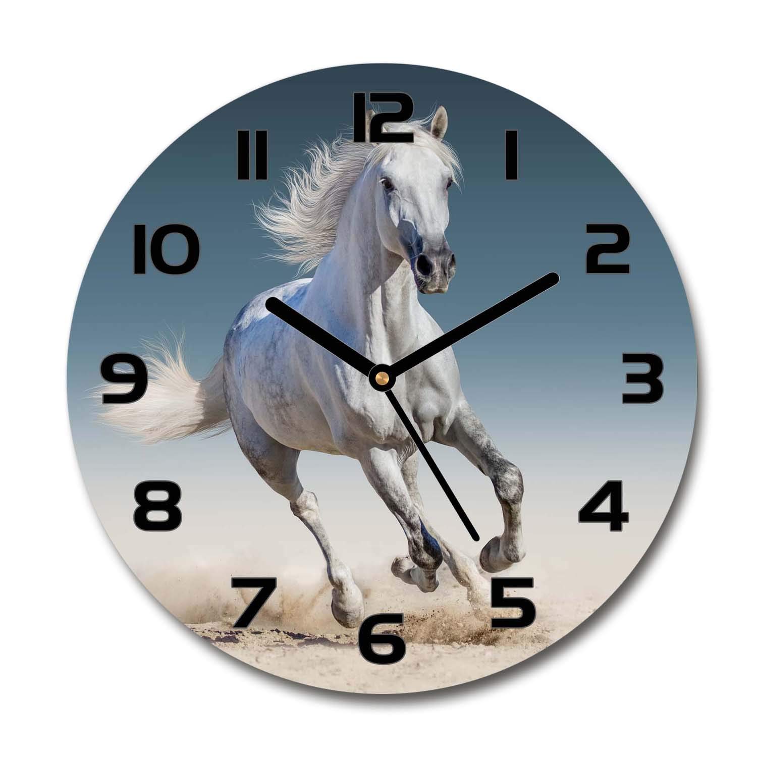 Horloge en verre 60x60cm Tulup avec motif de cheval blanc au galop pour salon