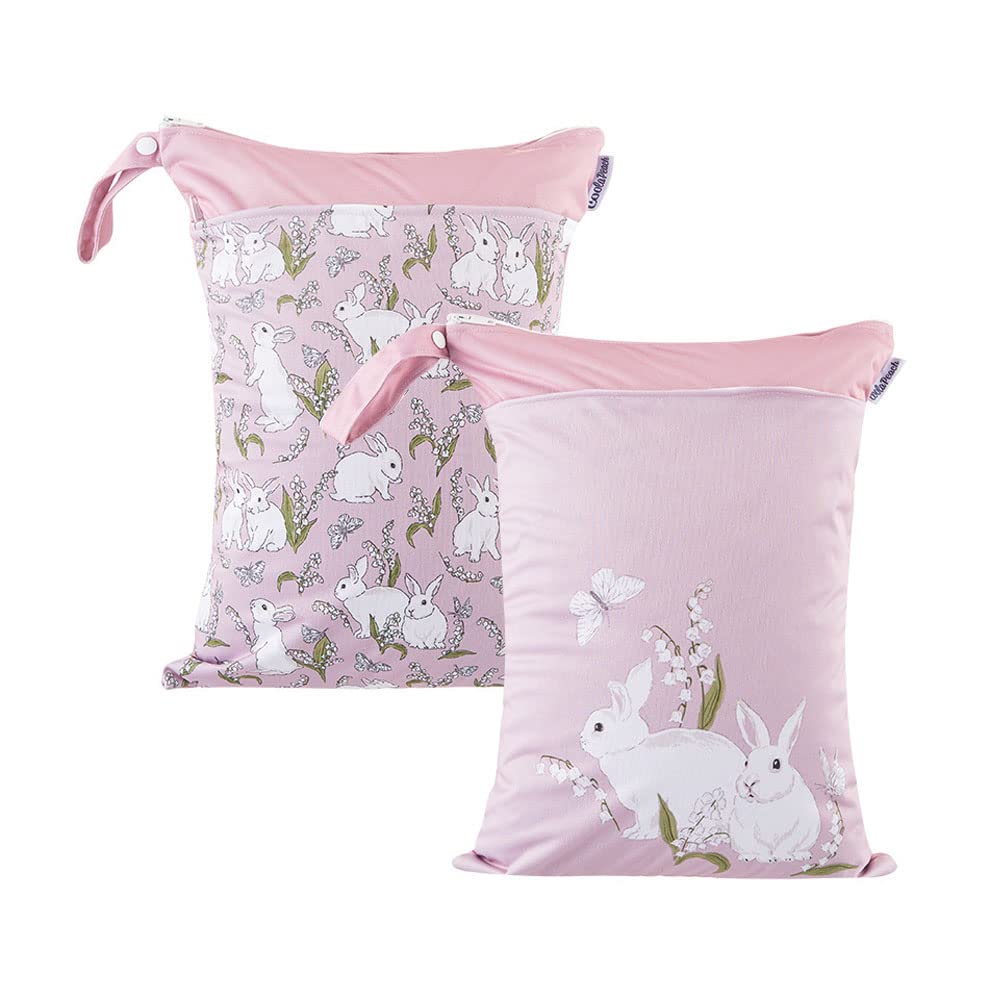 Treer 2 PCS Wet Dry Bag Baby Cloth Diaper Nappy Bag Large Waterproof Reusable Hanging Double Zipper Diaper Bag Organizer for Daycare Travel Beach Pool or Soiled Baby Items (Pink Bunny,30x40cm)