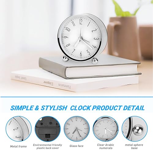 Miniatura 3 de Welltop Reloj despertador analógico, reloj redondo pequeño súper silencioso de 4 pulgadas con números arábigos sonidos de pitido, funciona con