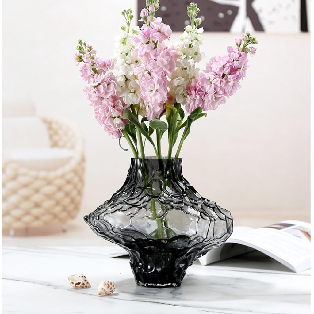 Vaso di Vetro Vaso da Fiori soffiato a Mano Vaso in Vetro Trasparente Fumo Decorazione da Tavolo per Matrimonio, Vaso di Vetro Moderno per Decorazione da Tavolo per Orchidee,Nero,L