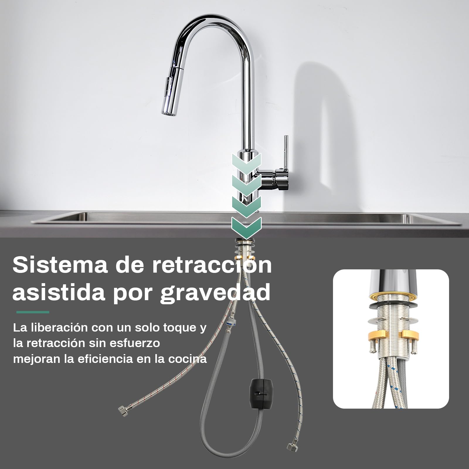Grifo de Cocina con Cabezal Rociador Extraíble, Grifo de Fregadero, Giro de 360°, Dos Funciones de Rociado,Acero Inoxidable, Cromado