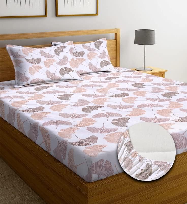 Image of NHD HOME Premium Cotton Feel Polycotton Elastic Fitted King Size Double Bedsheets with 2 Pillow Covers | All Around Elastic 210 TC Super Soft | Size - 72 King Size x 78+10 inches | Off White
