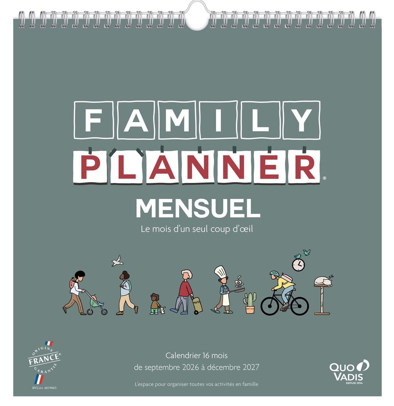 Quo Vadis Calendrier Mural Mensuel Family Planner 16 mois 30x30 cm