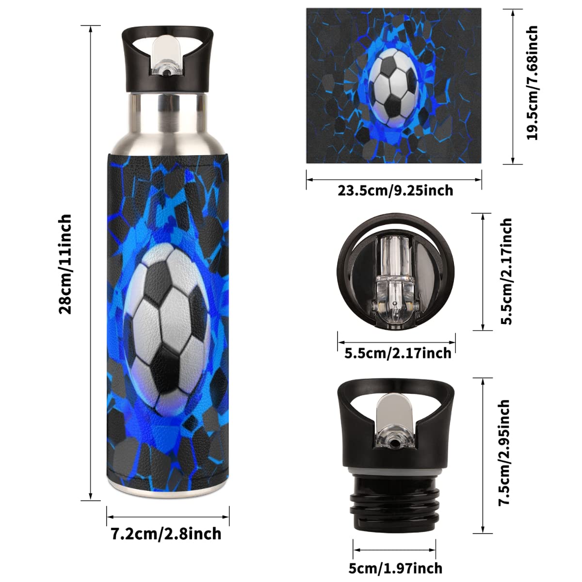 Isolierte Edelstahl-Wasserflasche mit Strohhalm, 590 ml, Blau / Schwarz, 3D-Sport-Trinkflaschen, BPA-frei, auslaufsicher, Metall-Vakuumflasche für Kinder, Fitnessstudio, Fitness