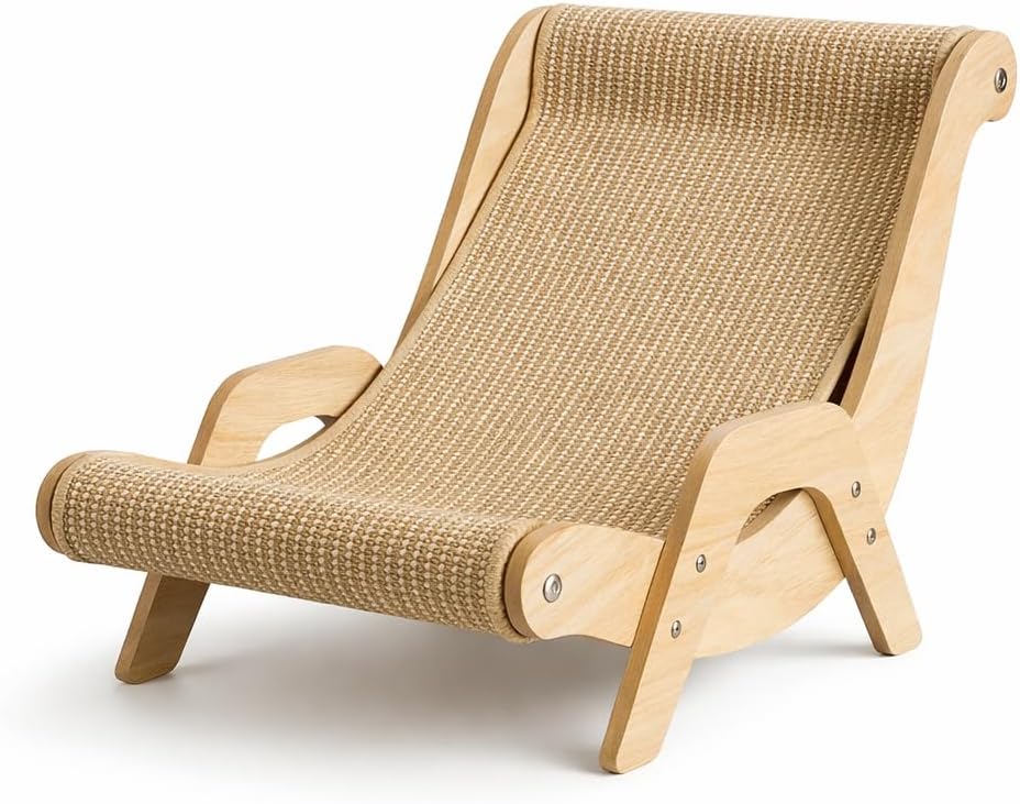 2-in-1 Cat Scratcher Lounge Chair, Wooden Hammock Bed with Woven Scratching Surface, Modern Cat Furniture for Indoor Cats