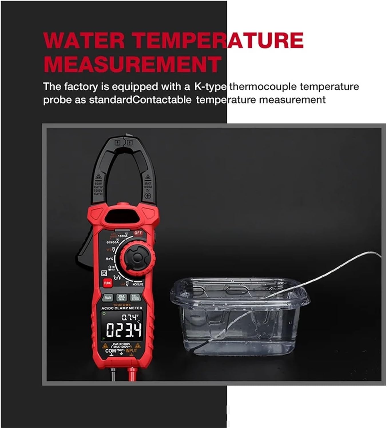 Image showing the clamp meter measuring water temperature with a K-type thermocouple