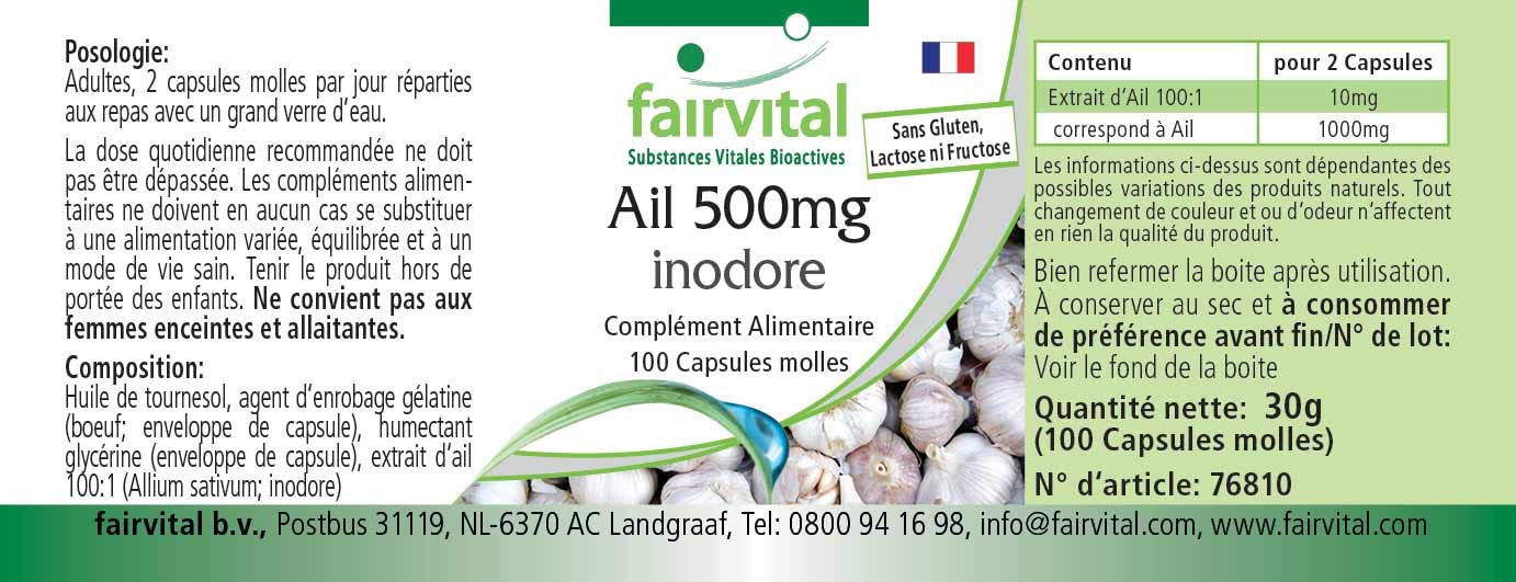 fairvital Capsule di aglio 500 mg, 100 softgel, facili da deglutire, contengono alliicina, estratto di aglio 100:1, ALTO DOSAGGIO e inodori