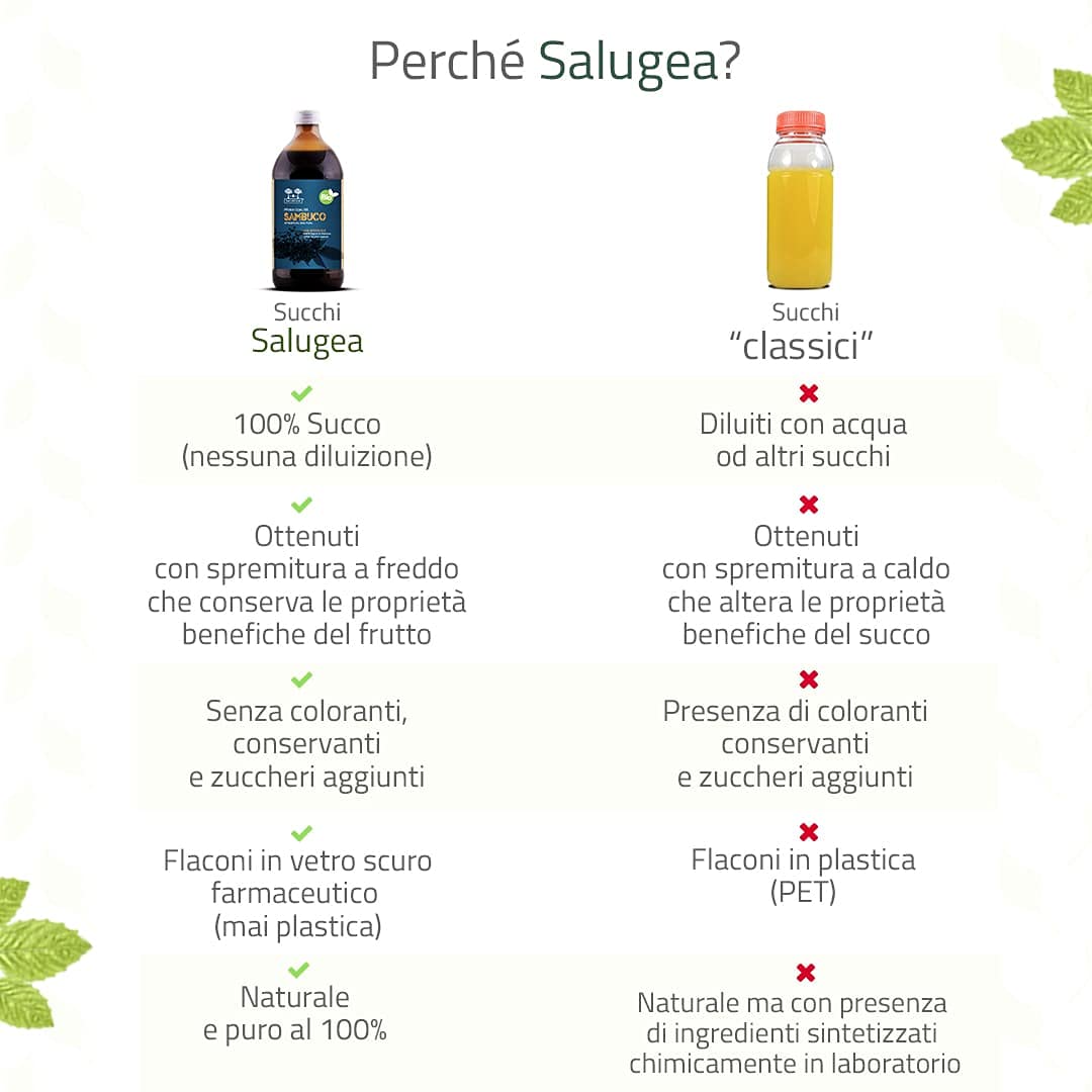 SUCCO DI SAMBUCO BIO Salugea - 100% Puro e Biologico - Integratore Fluidificante per le Vie Respiratorie, Antiossidante, Diuretico e Depurante - Flacone in Vetro Scuro - 500 ml