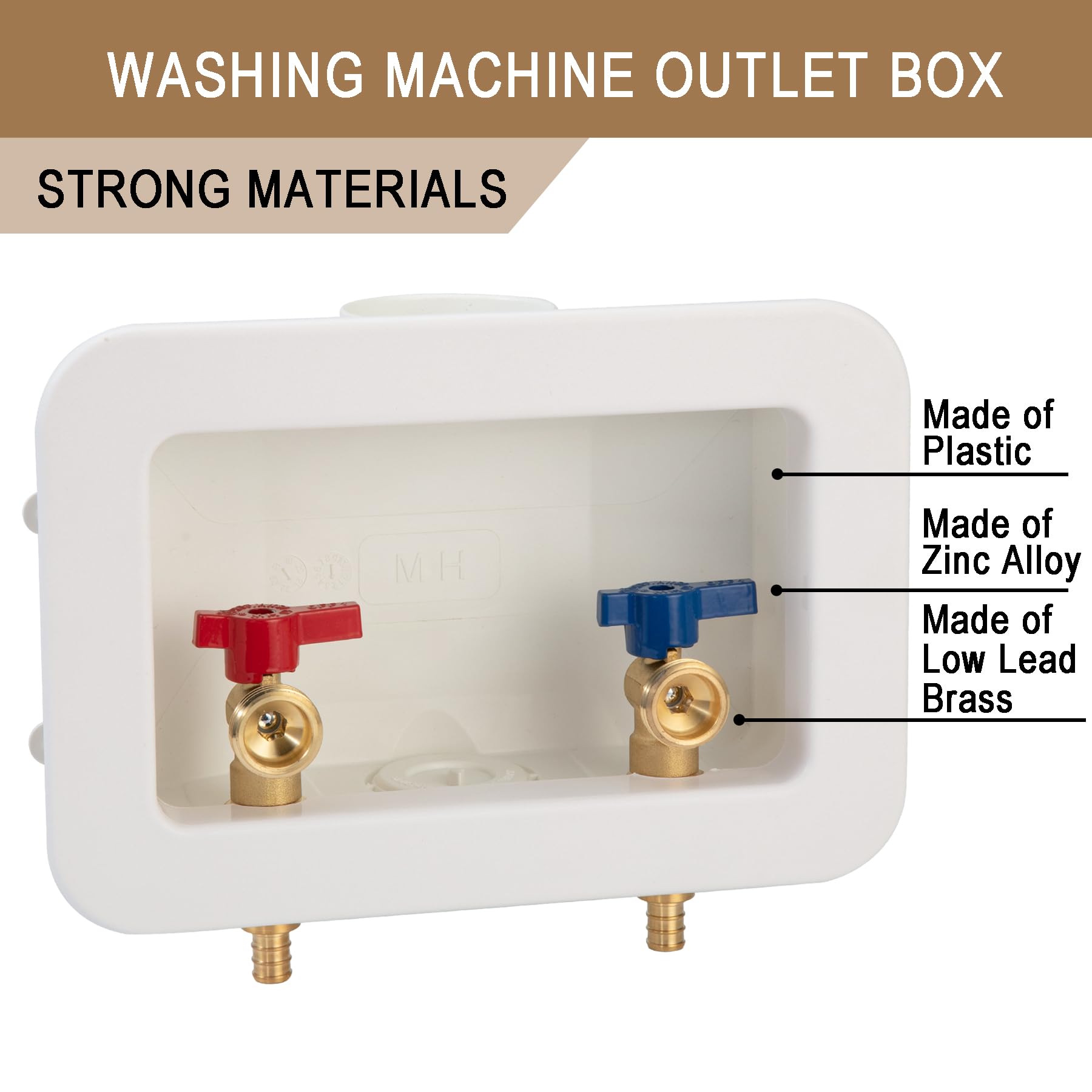 Caja de salida para lavadora PEX Crimp con drenaje central de 2 pulgadas, crimpado de 1/2 pulgadas PEX 1807, conexión mangueras de lavadora de 3/4 pulgadas
