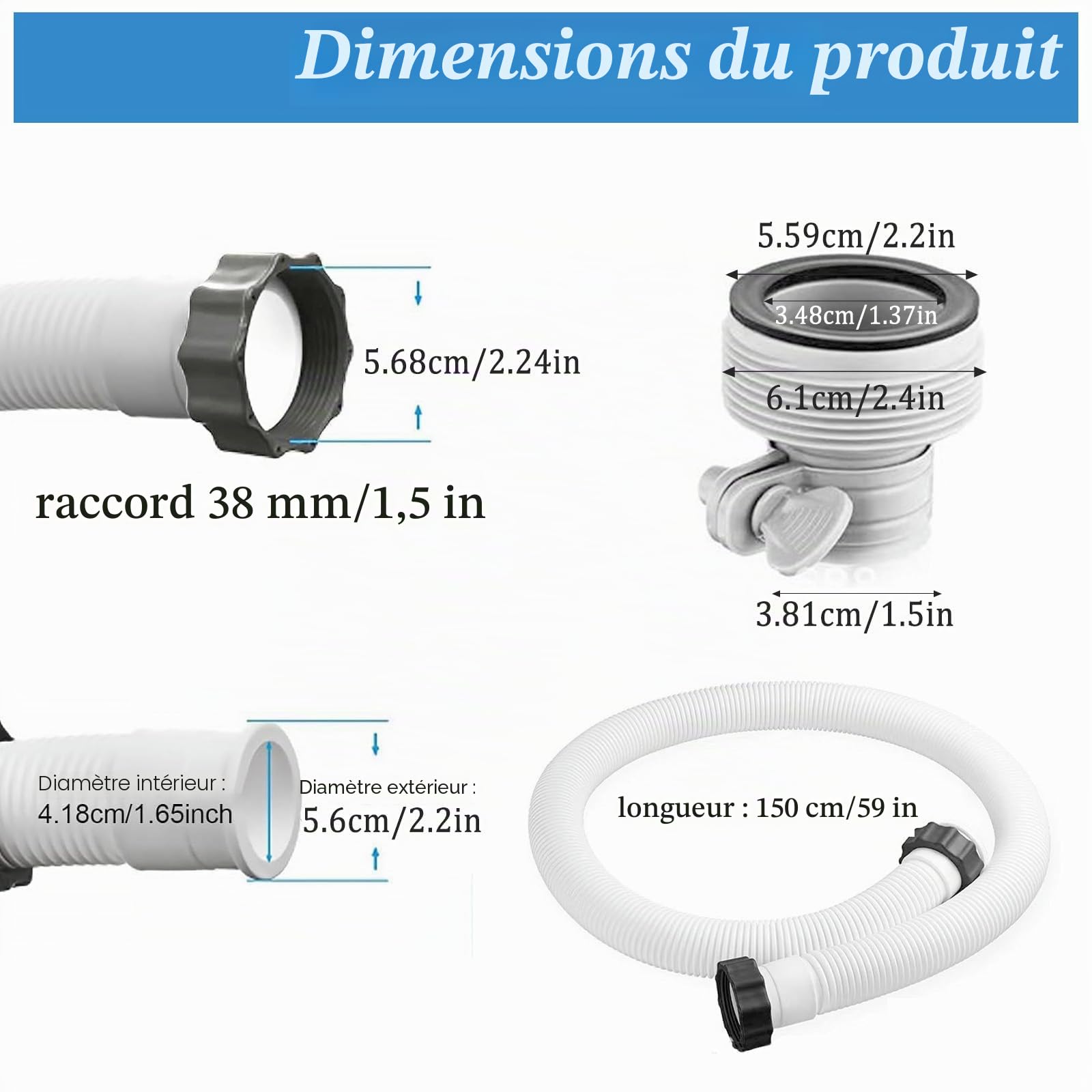 Lot de 2 tuyaux de piscine 38 mm, 150 cm, blanc, avec 2 adaptateurs B, tuyau pour pompe INTEX résistant aux UV et à l'eau chlorée