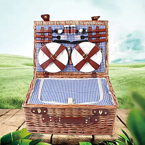 Picnic Basket, Picnic Basket for 4, Ceramic Picnic Basket Set, Large Willow Picnic Hamper, Insulated Cooler Compartment and Cutlery Service Kit, Picnic Accessories for Camping