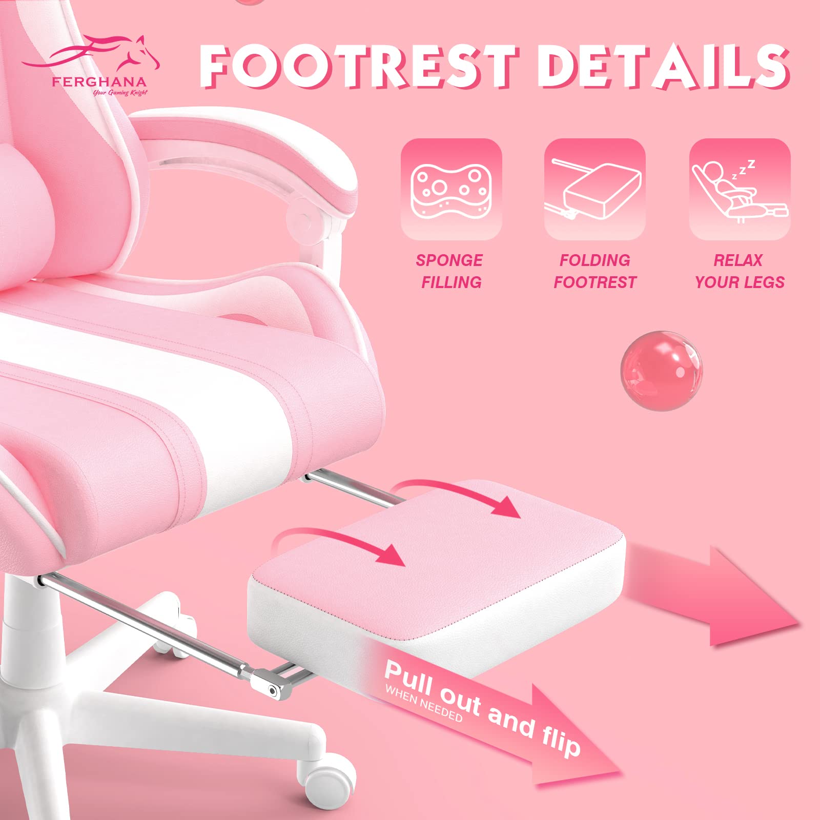 Ferghana Sedia Gaming Ergonomica,Sedia da Gaming Massaggiante con Regolabile Poggiapiedi & Poggiatesta & Cuscino Lombare,PU Racing Poltrona da Gaming,Sedia Girevole Kawaii Sedia Gaming，Rosa