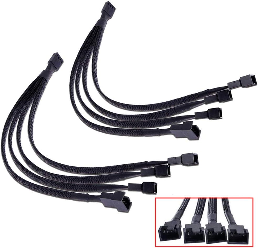 Greluma 2pcs PWM Fan Splitter, 4-Pin Adapter Cable with Braided Y Splitter for Desktop Computer CPU Fan Splitter PC 4-Pin Fan Extension Power Cable 1 to 4 Converter