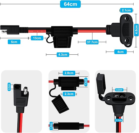 SAE Power Socket Sidewall Port 12V 24V 12AWG SAE Connector Power Socket Sidewall Port, for Solar Panel Trolling Motor Automotive RV (0.6 m/2 ft)