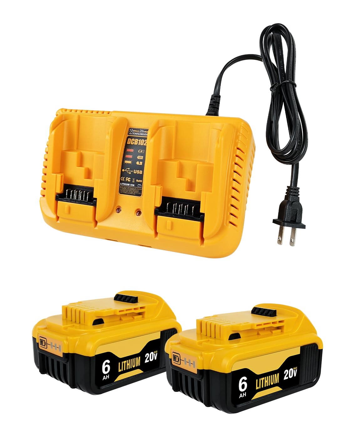 2-Pack 6.0Ah Replacement Baterias for Dewalt 20V Max Battery and Charger Combo with DCB102 Dual-Port Battery Charger Fit All 12V/20V OEM Batteries