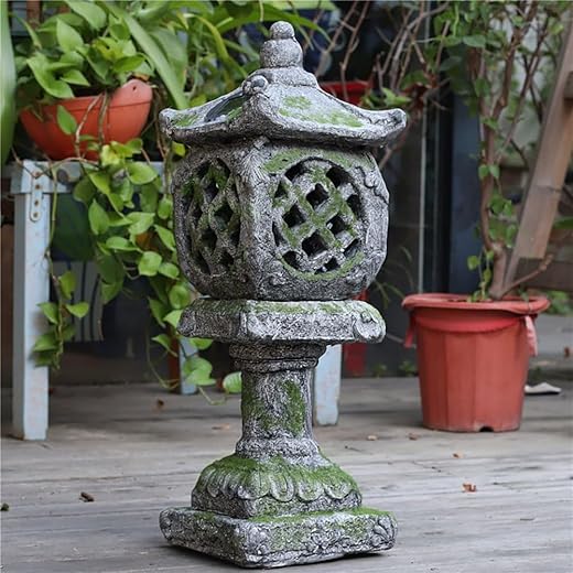 homary Outdoor Garden Japanese Solar Lantern Sculpture, Concrete Gray Fiberglass with Moss Detailing, Solar-Powered, Weather-Resistant, Traditional Asian Decor for Garden & Patio
