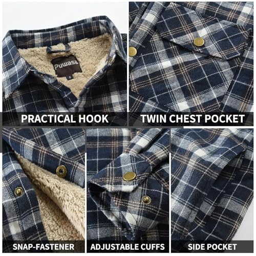 Image of Men's Sherpa Cotton Flannel Shirt Jacket Plaid Button Coat Pocket