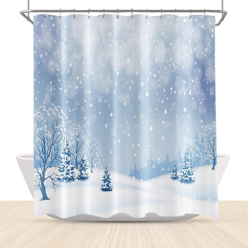 LFEEY Winter Shower Curtains for Bathroom White Snowy Snowflake Covered Pine Forest Snow Scenery Shower Curtain Christmas Bathroom Decor Polyester Fabric Waterproof 72x72 Inch