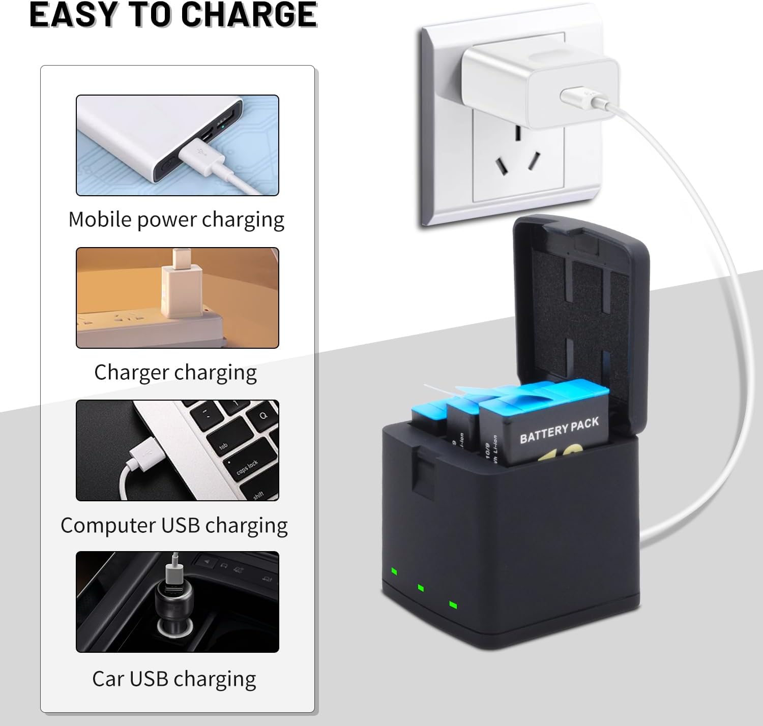 2-Pack Hero 12/11/10/9 Batteries with 3 Channel Battery Charging Station Power Fast Portable Accessory Fully Compatible with Hero 12, Hero 11, Hero 10, Hero 9 Black Sport Action Camera 2000mAh - Image 7