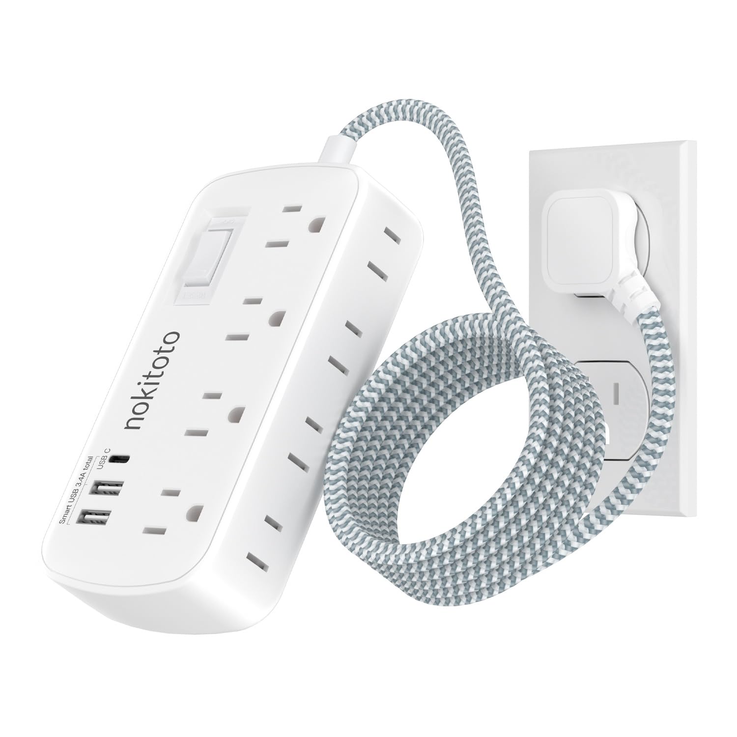 Surge Protector Power Strip - 5 Ft Flat Extension Cord with 8 AC Outlets, 3 USB Fast Charge (5V/3.4A 17W) 1080 Joules Wall Mount for Home Office College Dorm Essentials 13A 1625W, ETL Listed