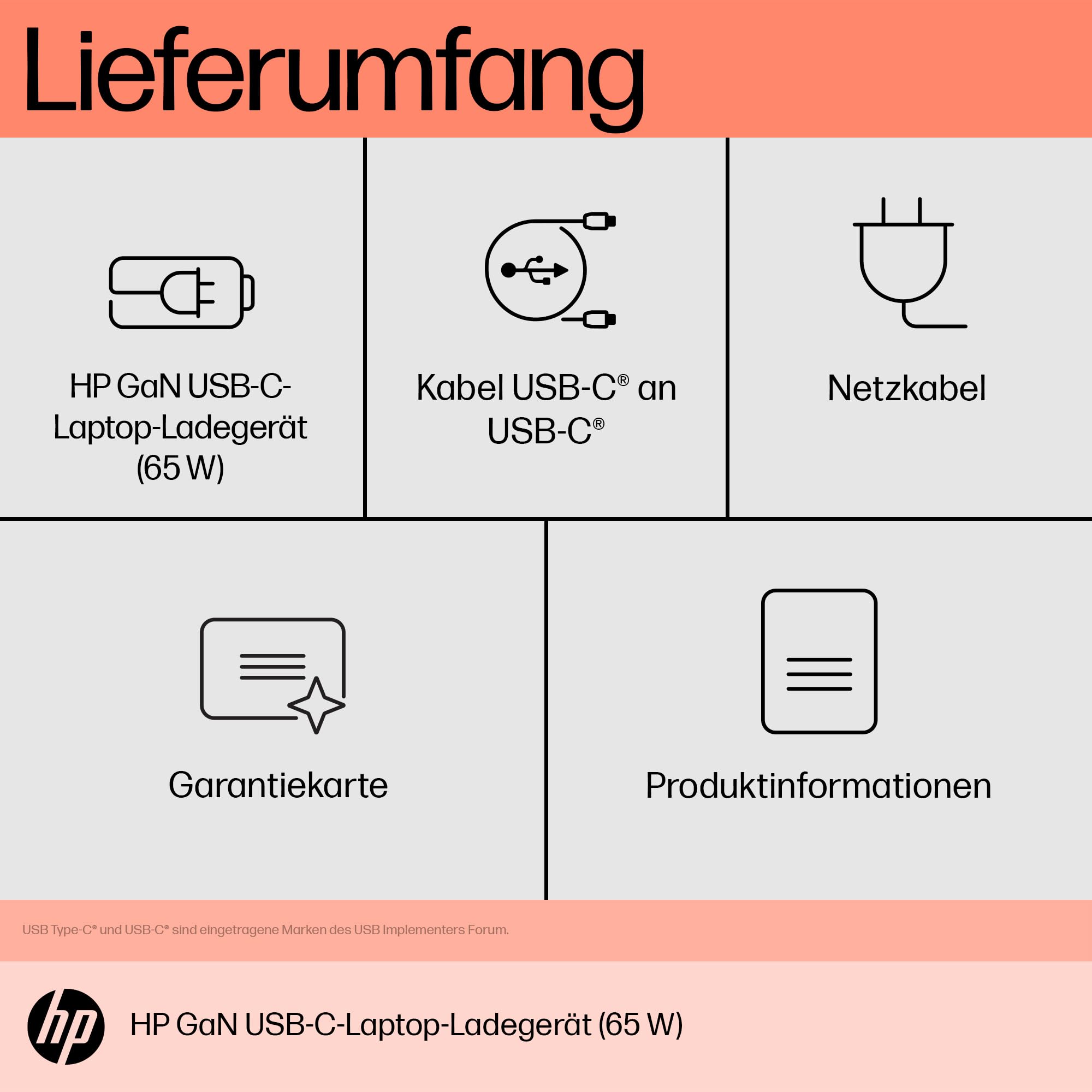 HP 65W GaN USB‑C Laptop Ladegerät – Kompakt, Schnellladefunktion, 2 USB‑C Ports, universelle Kompatibilität, 30 % recycelter Kunststoff, 75×53×22 mm, 85 g, Schwarz