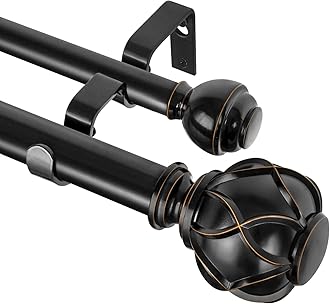 KAMANINA 1 Inch Double Curtain Rods for Windows 36 to 72 Inches (3-6 Feet), Black Heavy Duty Double Curtain Rod, Telescoping Drapery Rod with Netted Texture Finials
