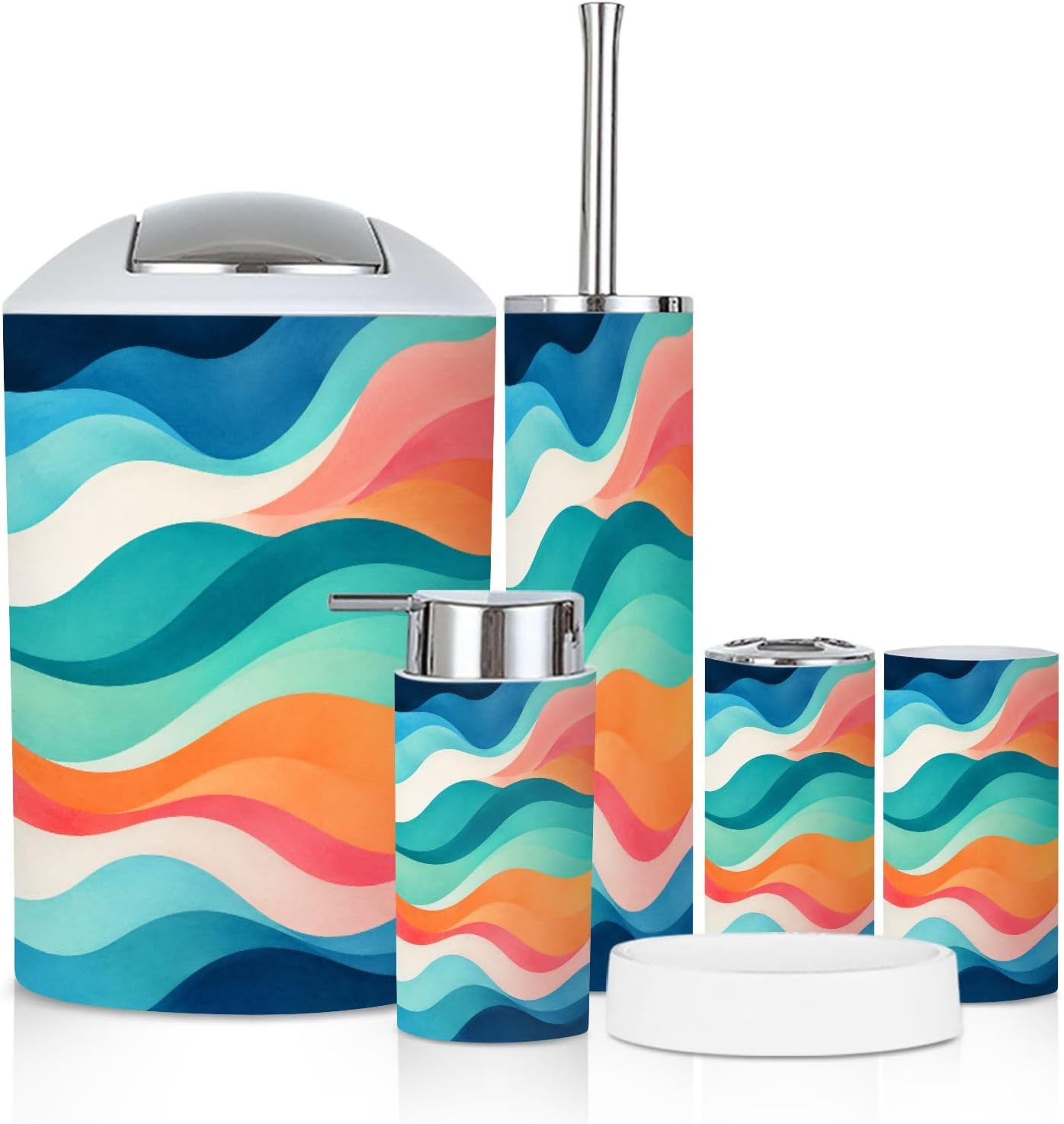 Bathroom Accessory Set 6PCS Abstract Colorful Wave Fluid Curves Gradient Shades Trash Can, Soap Dispenser, Toothbrush Holder, Toothbrush Cup, Toilet Brush Holder, Soap Dish for Gift