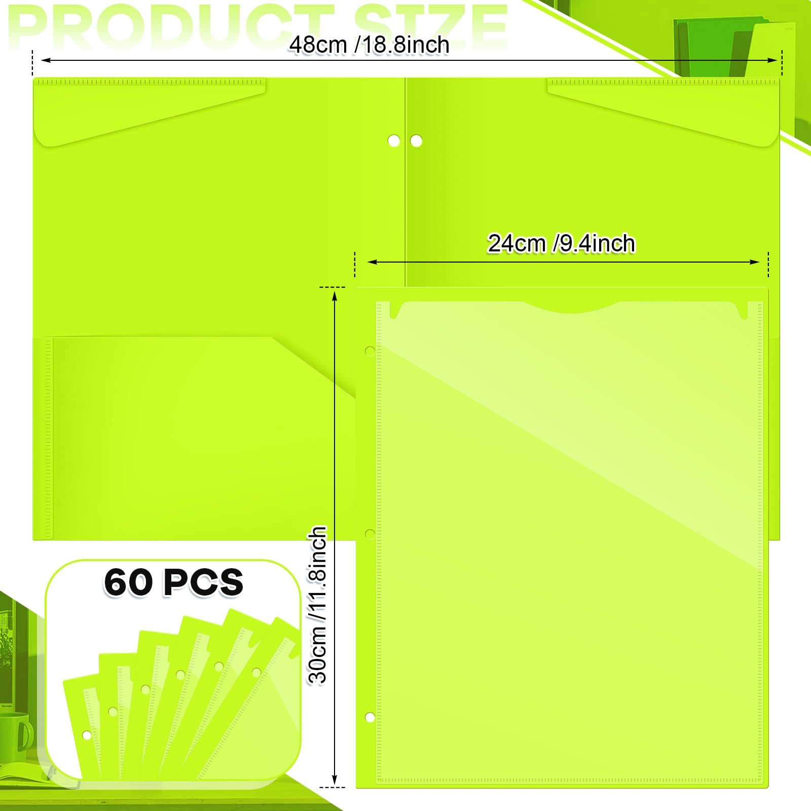 Henoyso 60 Pcs 2 Pocket Plastic Folders with Clear Front Pocket 3 Hole Punched File Folder Letter Size Take Home Documents Holder for Paper Holder Office Business Back to School Supply (Shiny Green)
