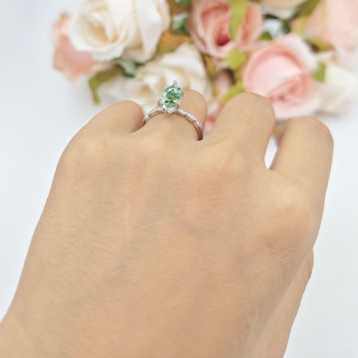 OMRANII Art Deco Marquise Natural Green Moss Agate Solitaire Vintage Style Hidden Halo Cubic Zirconia Wedding Engagement Ring 925 Sterling Silver Gift For Her