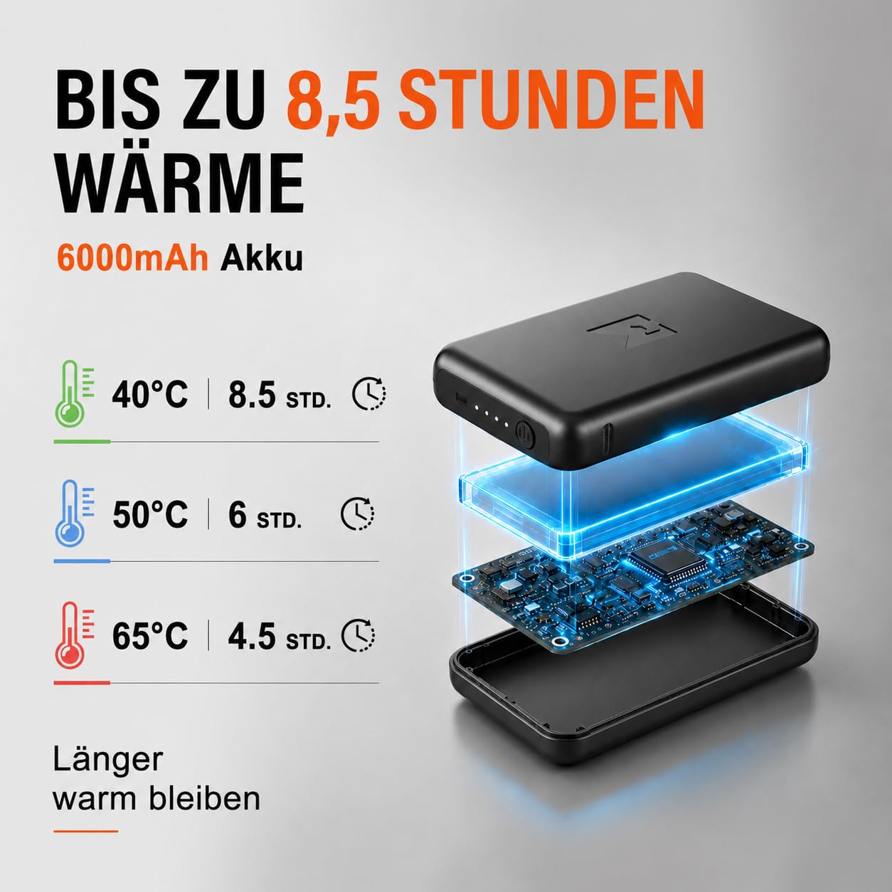 Beheizbare Socken für Herren Damen mit 6000mAh Akku | 6000 mAh Akku, bis zu 8,5 Stunden, 3 Heizstufen, volle Sohlenheizung
