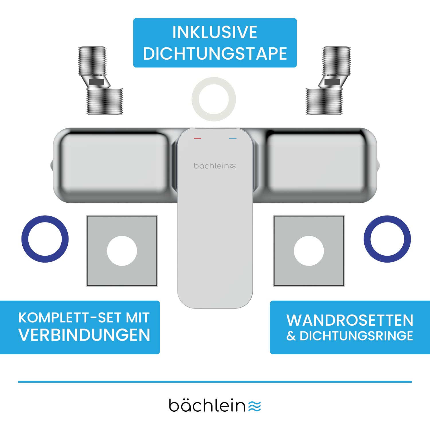 Bächlein Duscharmatur Leonte in Kantigem Design – Mischbatterie Komplettset inkl. allem Zubehör – Einhand-Wasserhahn für die Dusche Chrom – eckig