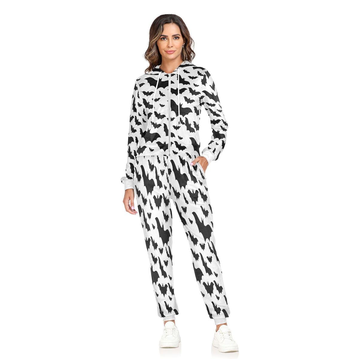 Conjunto deportivo de 2 piezas para mujer, diseño de murciélagos de Halloween, color blanco y negro, conjunto deportivo de manga larga para Halloween, gótico