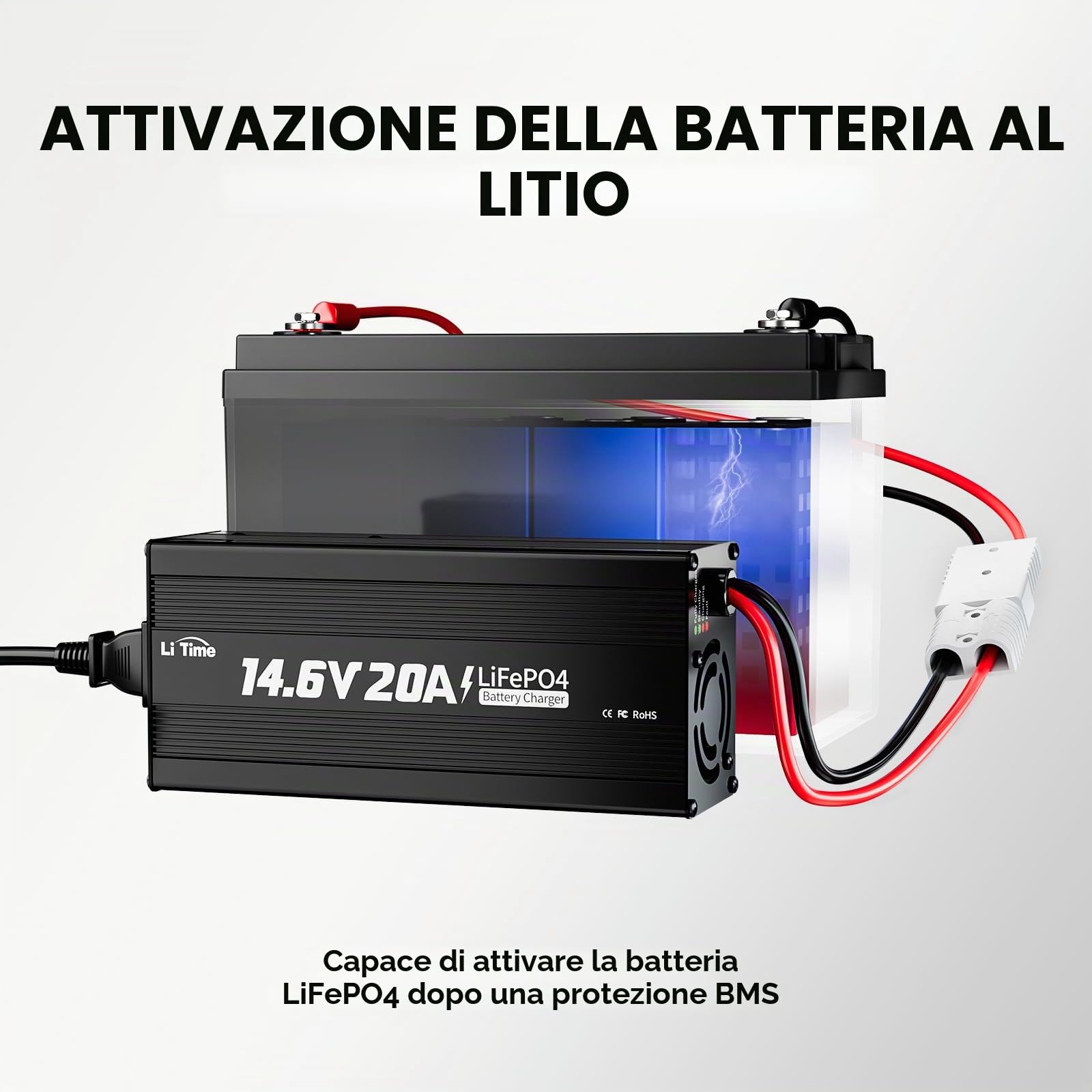 LiTime 12V 20A Caricabatterie per Batterie Litio, 14,6V 20A AC-DC Caricatore con Connettori Anderson e Indicatori LED, Caricabatterie LiFePO4 12V per Camper, Case, Off-Grid e Solari