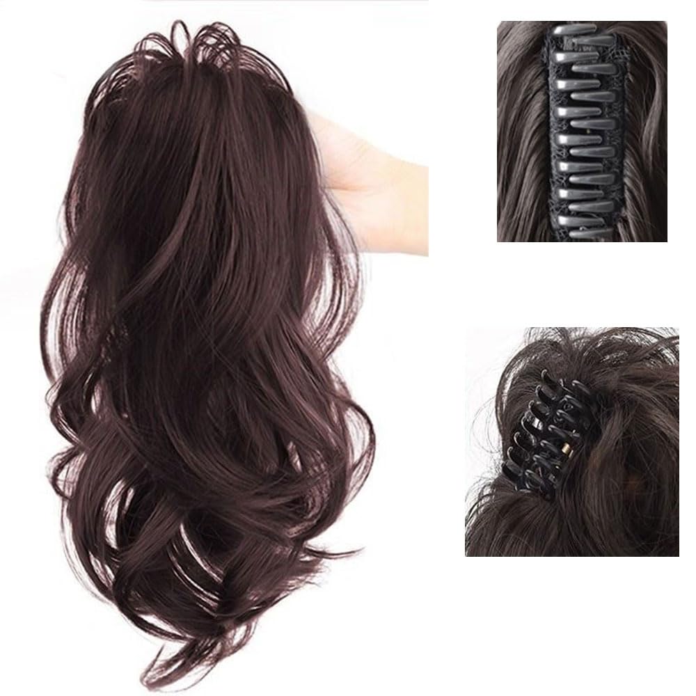 Swy Hair Highlight Ponytail Extension Claw Multi Layered Hair Wavy Curly Jaw Clip in Fake Pony Tails Fake Hair Soft Natural Looking Synthetic Hairpiece for Women (Brown Black) - Image 4