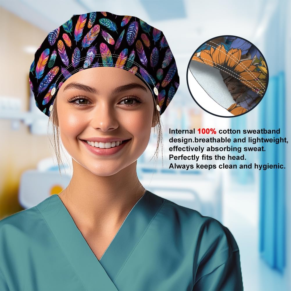 Bouffant Scrub Caps Cotton Nurse Scrub Hats with Button Sweatband Adjustable Surgical Cap for Women Men Housework