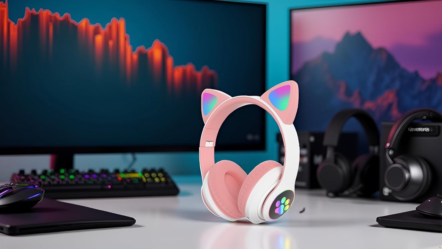 Cat Ear Headphones for Kids - Wireless Bluetooth 5.0 Over Ear Headset with LED Glowing Lights, Built-in Mic, 40H Playtime, Foldable - Pink Kitty Headphones for Girls, Teens, School & Travel