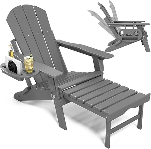 Miniatura 17 de Silla Adirondack ajustable con reposapiés retráctil, juego de 2, silla Adirondack plegable de HDPE con portavasos, silla para fogatas al aire libre