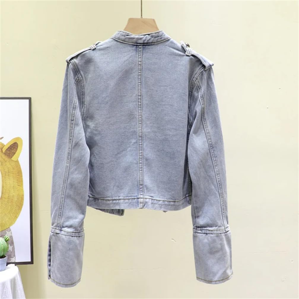 Hndudnff Chaquetas de mezclilla con cuello alto militar para mujer, chaqueta de mezclilla corta de doble botonadura