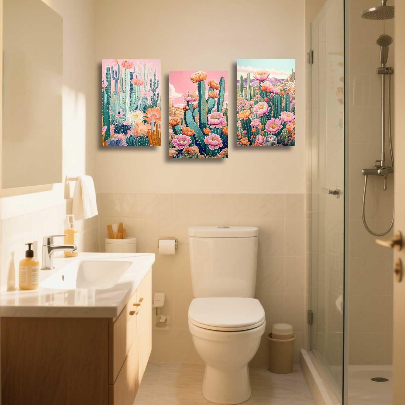 ZSHARTSWD Mexican Cactus Wall Art 3 Piece Boho Cactus Desert Picture Floral Botanical Canvas Print Southwestern Painting for Living Room Bathroom Decor Framed (Pink, 12.00" x 16.00" x 3PCS)