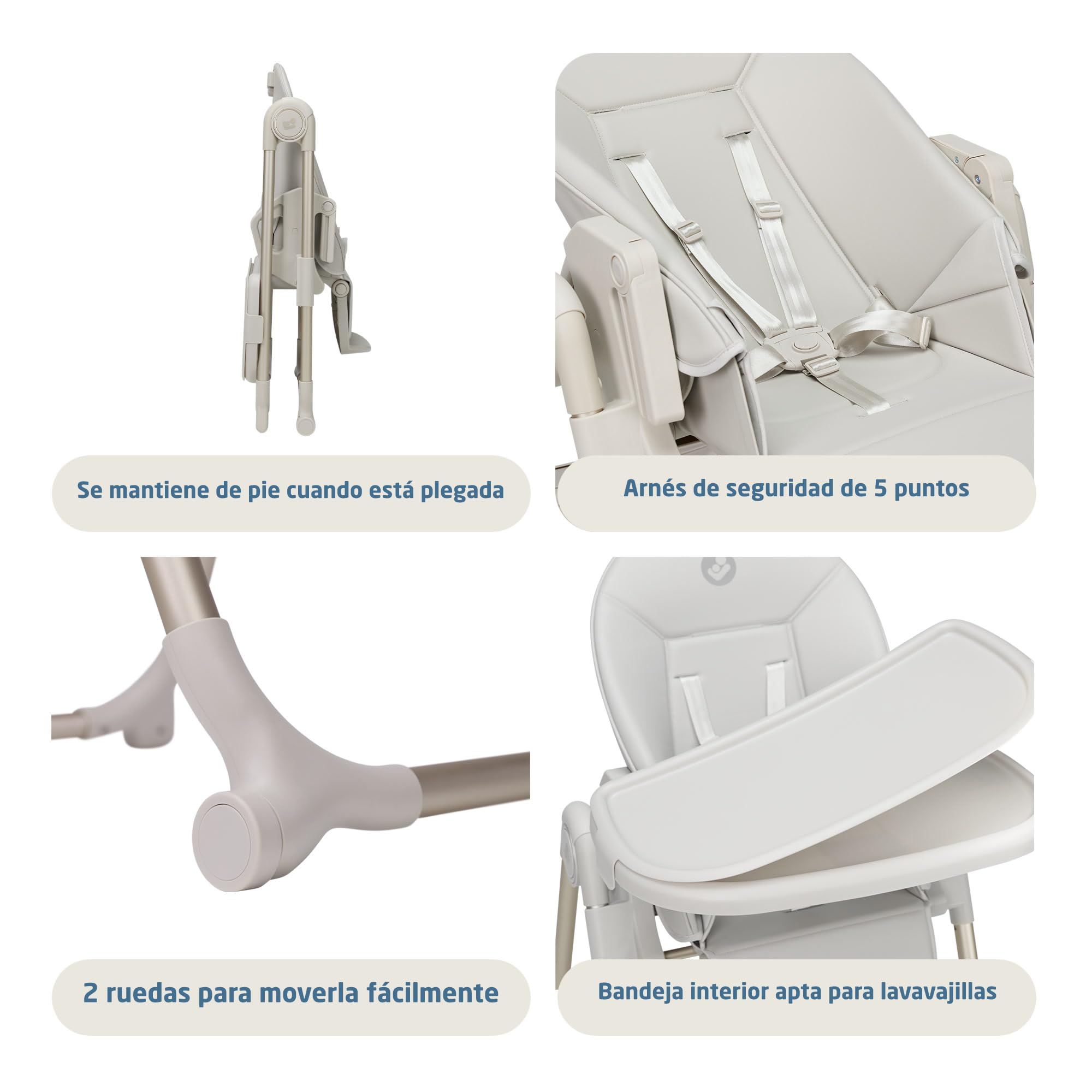 Maxi-Cosi Ava2 Trona de bebé, 0-3 años (máx. 15 kg), Trona bebé plegable y compacta, Ligera (9,45 kg), 5 ajustes de reclinado/6 de altura, Bandeja extraíble con una mano, 2 ruedas, Elegance Beige