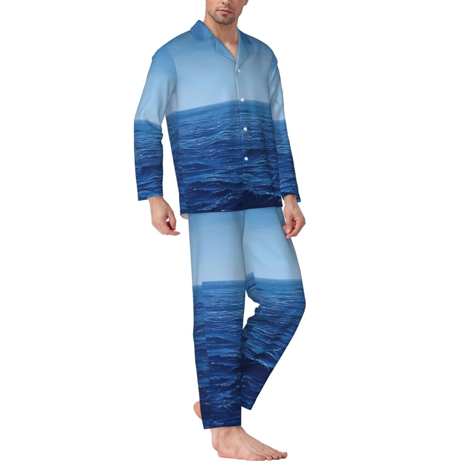 Pigiama a maniche lunghe da uomo con stampa oceano blu oceano mare set due pezzi abbigliamento da casa traspirante accogliente weekend