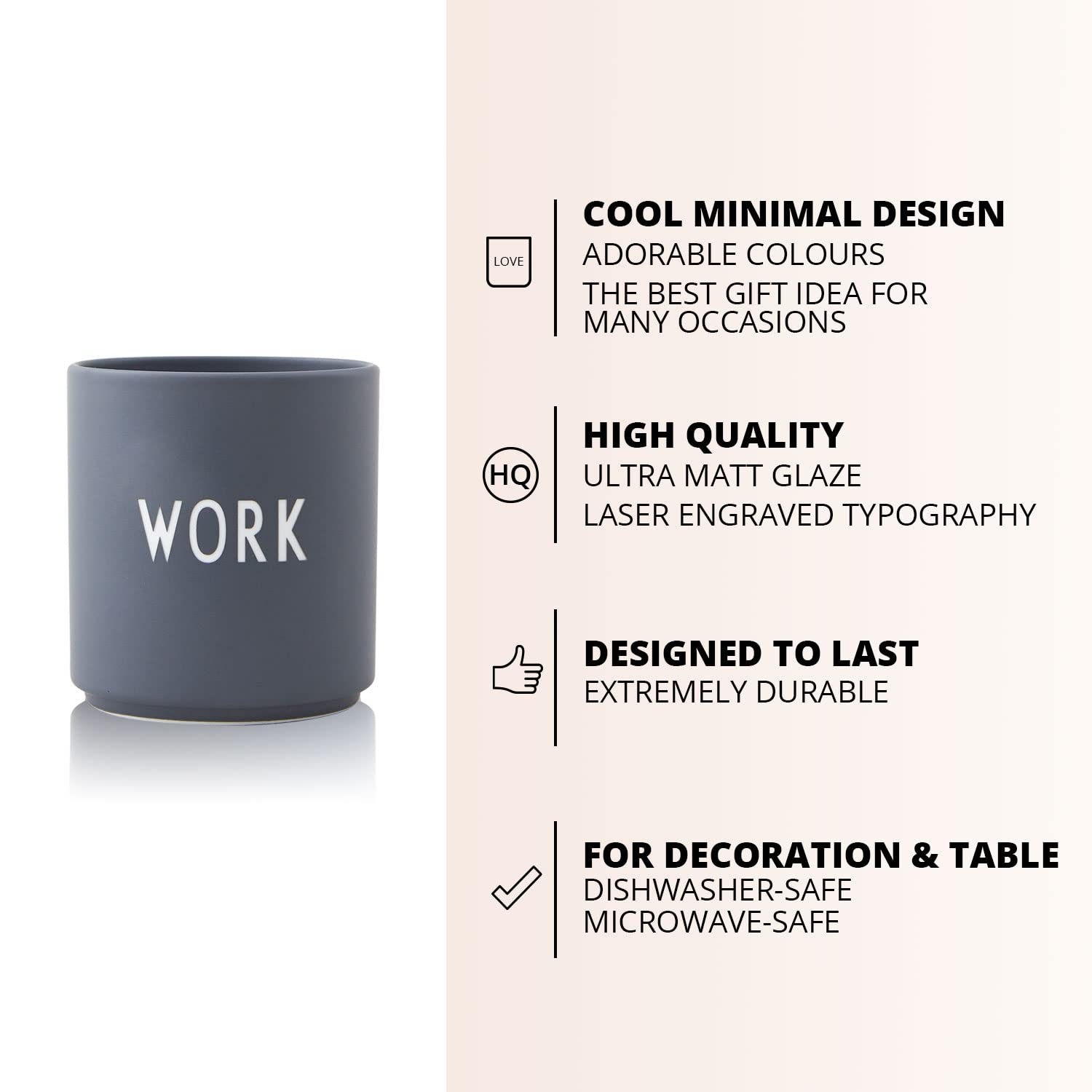 Design Letters Kaffeebecher Porzellan | Geschenke für Frauen & Männer, Abschiedsgeschenk Kollegen, Dankeschön | Lieblingsbecher Grau WORK | Tasse mit Spruch | Teetasse 250 Ml