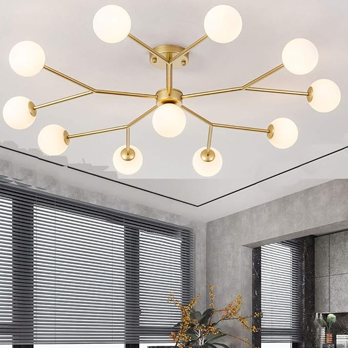 SUARIA Wijnoogst Goud 17-lichten Spoetnik Kroonluchter Modern Opaline Sferisch Glas Schaduw Tijdens Licht Onregelmatig Metaal Chromen Afwerking Plafondlamp Voor Zinken Bar-Gouden 9 hoofden photo 3
