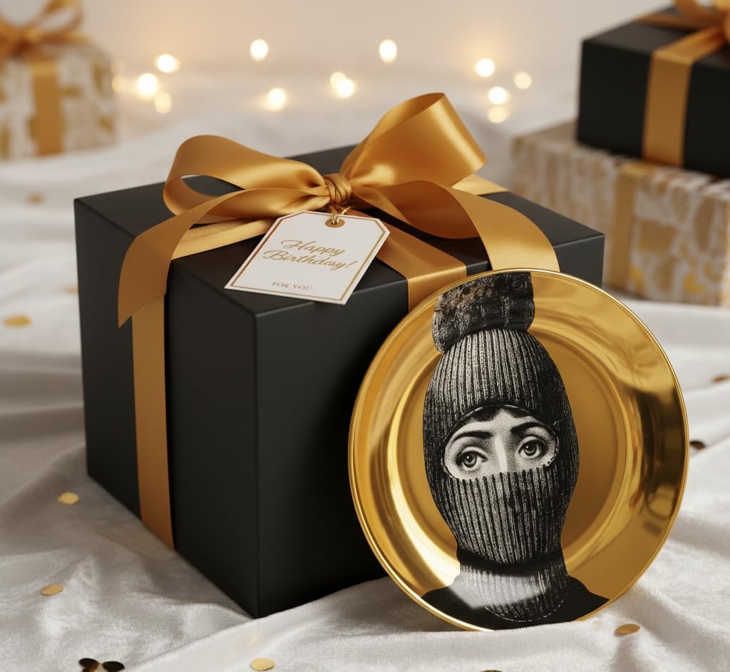 AlphaDesignLuxe Gold Finish Bone China Decorative Plate, Mask Face Wall Decor, 8-Inch Art Display with Stand and Wall Mount