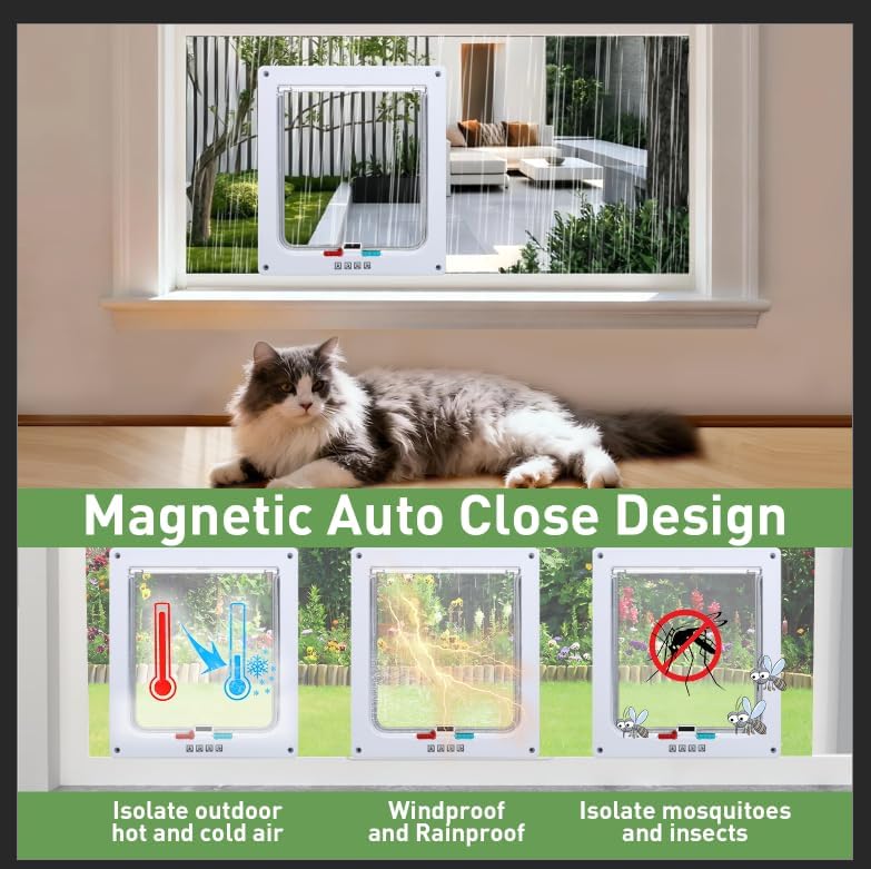 Miniatura 3 de Puerta de gato para ventana, ventana de seguridad para gatos con bloqueo de 4 vías, inserto de ventana de puerta de gato apto para mascotas,