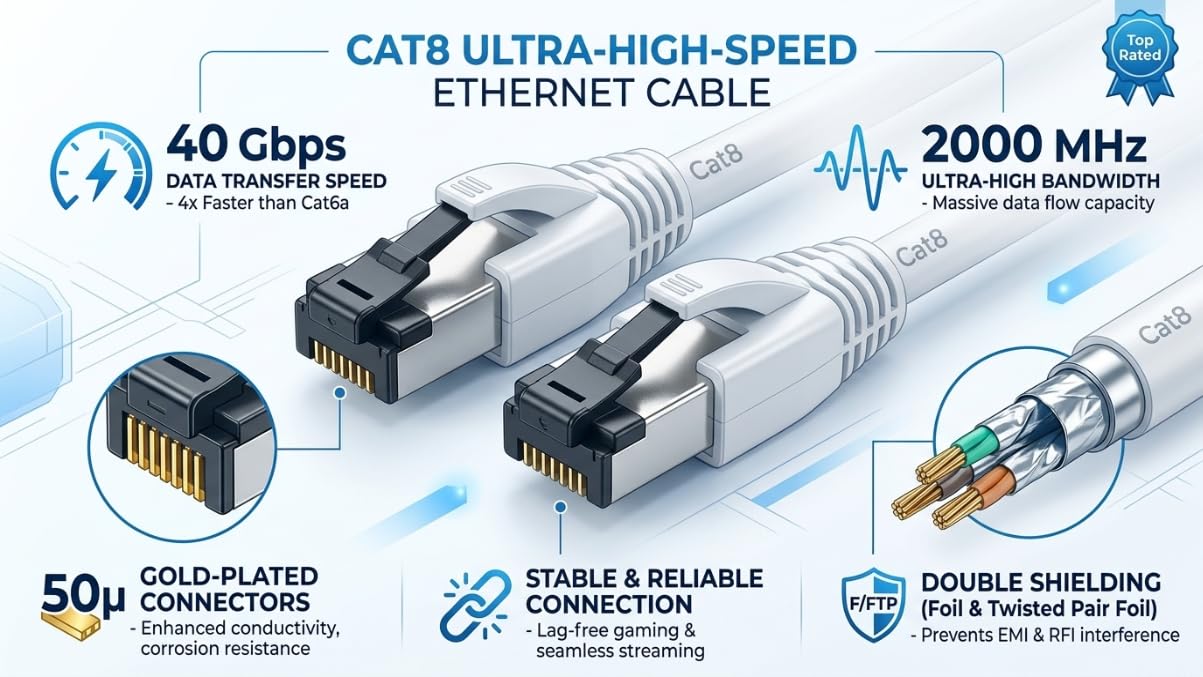 Cavo di rete CAT 8.1, 2 m, bianco, 10 pezzi, cavo patch RJ45 LAN, 40 Gbit/s, 2000 MHz, F/FTP PiMF, LSZH, cavo Ethernet Gigabit ad alta velocità