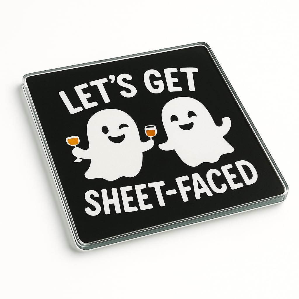 The Plum Penguin Ghostly Cheers Funny Acrylic Coaster Gift For Halloween Party Hosts - Playful Design - Humorous Drinks Decor Accessory